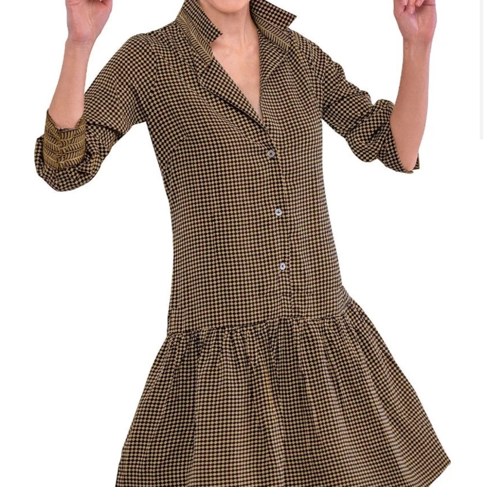 Gretchen Scott Designs Tan Houndstooth Long Sleeve Dress